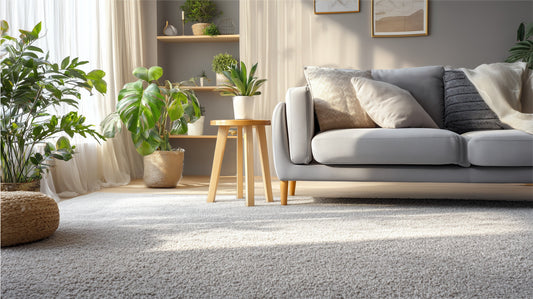carpet in a living room with sunlight streaming through drapes
